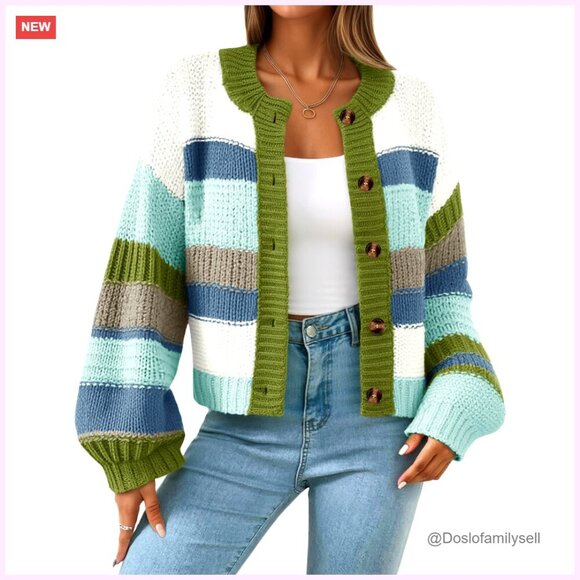 Sweaters - Chunky Knit Cardigan, Oversized Fit, Button Front, Long Sleeve, Striped Sweater